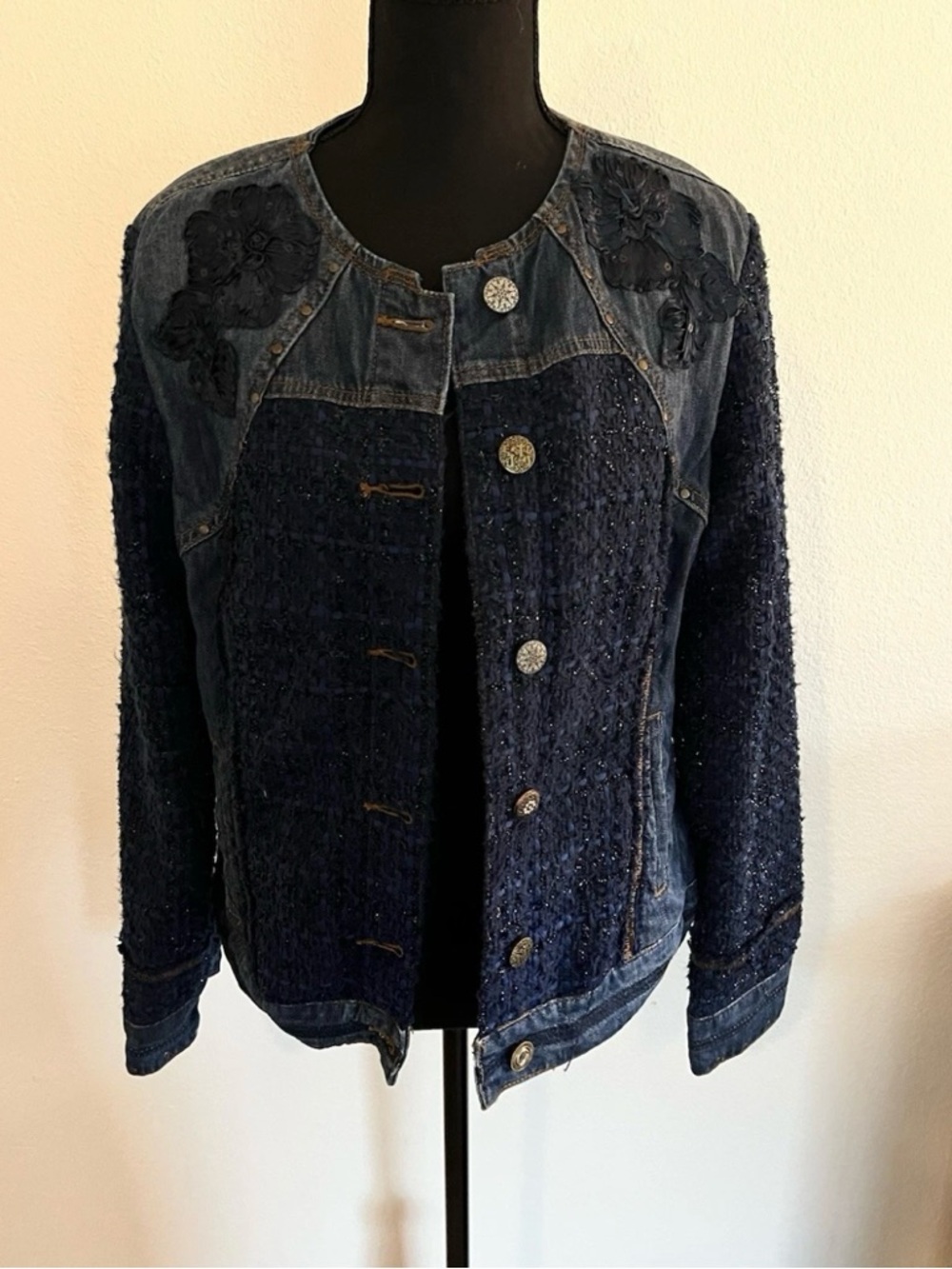 Desigual Navy Mixed-Texture Denim Jacket with Embroidered Accents